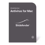 Коробка з програмним забезпеченням Bitdefender Antivirus for Mac, антивірусний захист для macOS, логотип Bitdefender.