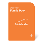 Коробка з програмним забезпеченням Bitdefender Family Pack, комплексний захист для всієї родини, логотип Bitdefender.